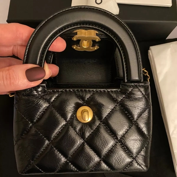 Chanel Kelly Nano Mini SLG Purse w/Chain Black Top Handle Micro Shopping Bag 24A - Picture 4 of 4